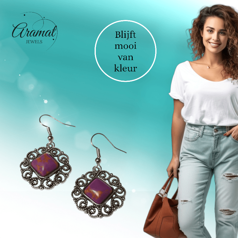 Boho Oorhangers met Paarse Gemarmerde Steen - oor6026 - Oorhangers kopen# - 45mm - alles - bali
