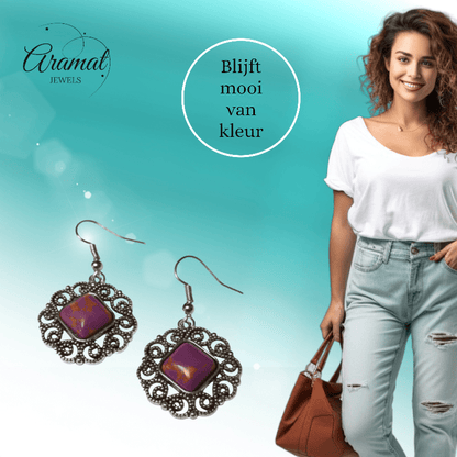 Boho Oorhangers met Paarse Gemarmerde Steen - oor6026 - Oorhangers kopen# - 45mm - alles - bali