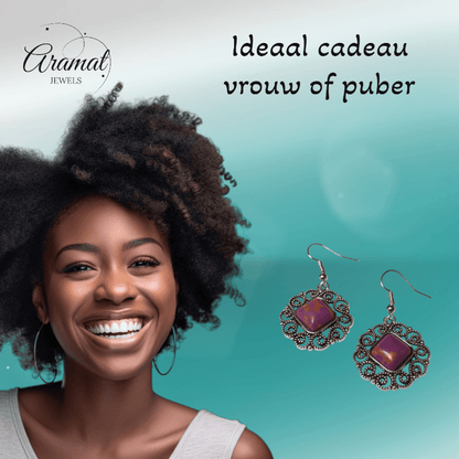 Boho Oorhangers met Paarse Gemarmerde Steen - oor6026 - Oorhangers kopen# - 45mm - alles - bali