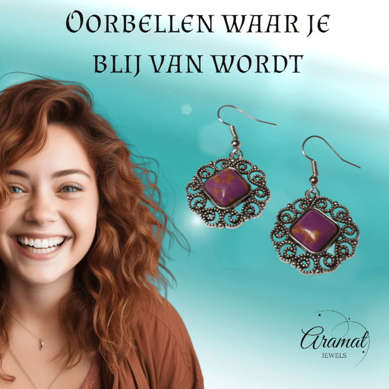 Boho Oorhangers met Paarse Gemarmerde Steen - oor6026 - Oorhangers kopen# - 45mm - alles - bali