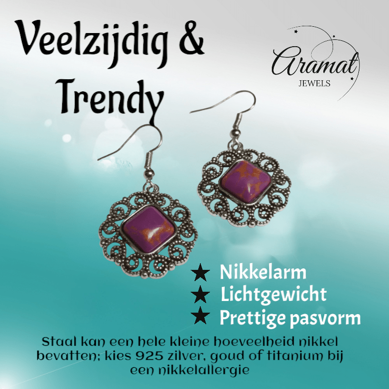 Boho Oorhangers met Paarse Gemarmerde Steen - oor6026 - Oorhangers kopen# - 45mm - alles - bali