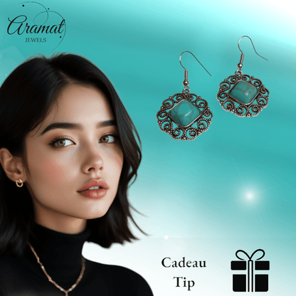 Boho Oorhangers met Vierkante Turquoise Steen - oor6023 - Oorhangers kopen# - alles - bali - blauw