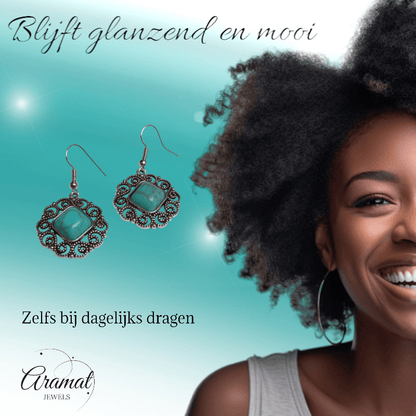 Boho Oorhangers met Vierkante Turquoise Steen - oor6023 - Oorhangers kopen# - alles - bali - blauw
