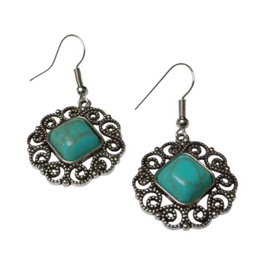 Boho Oorhangers met Vierkante Turquoise Steen - oor6023 - Oorhangers kopen# - alles - bali - blauw
