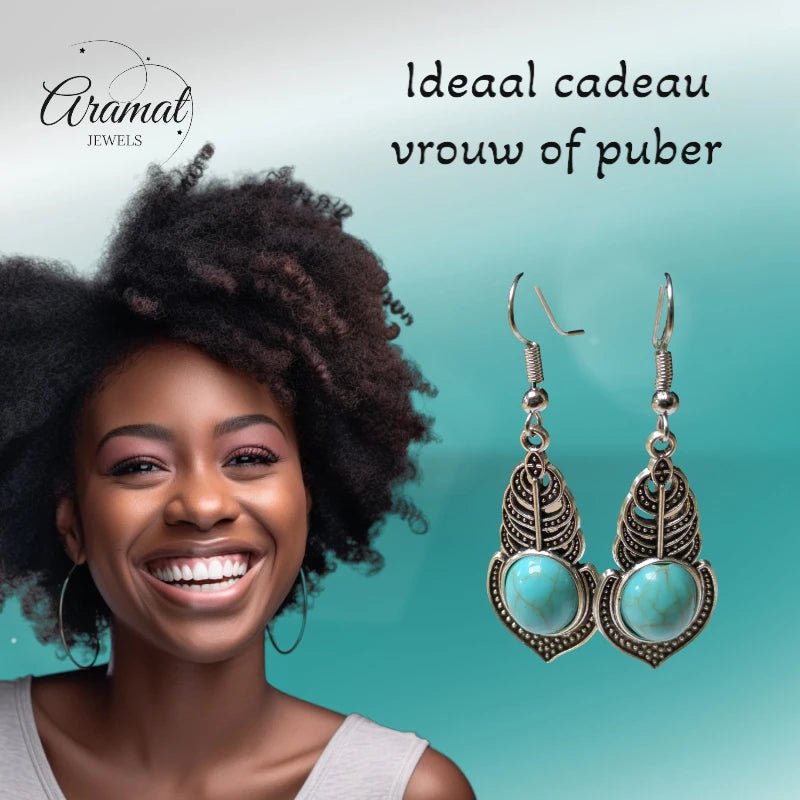 Boho Oorhangers Veertje met Blauwe Steen - oor6050 - Oorhangers kopen# - 55mm - alles - bali