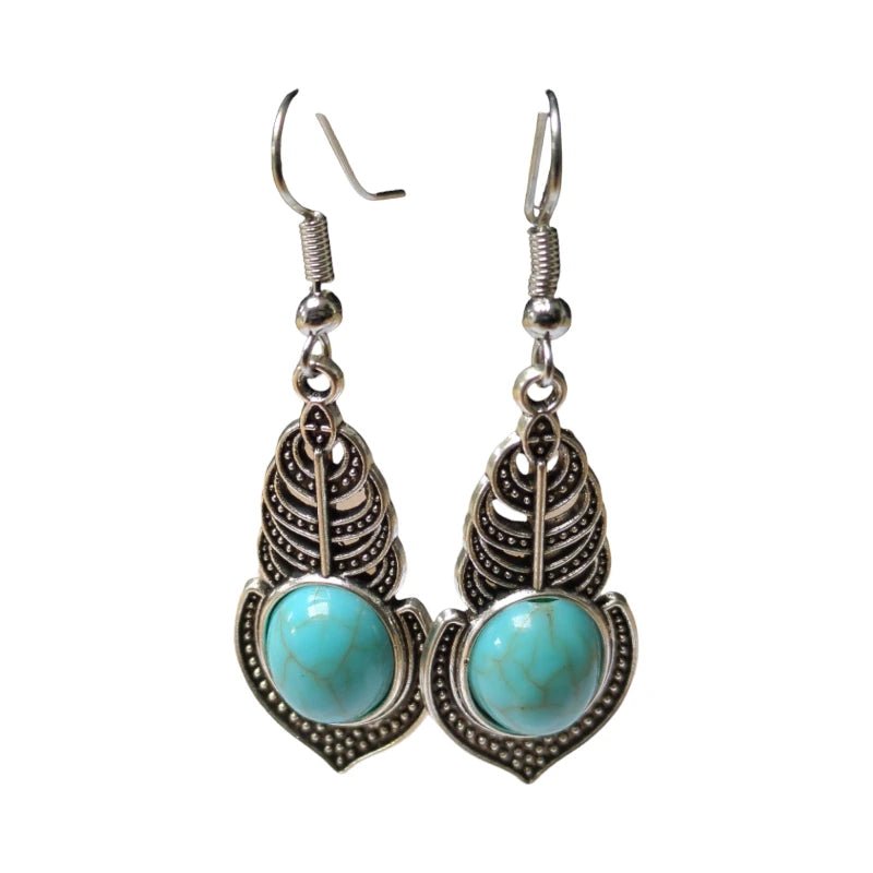 Boho Oorhangers Veertje met Blauwe Steen - oor6050 - Oorhangers kopen# - 55mm - alles - bali