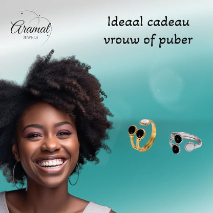Brede One Size Ring Goudkleurig RVS met Drie Emaille Cirkels (13 mm) - Aramat Jewels - Ringen - cadeautip