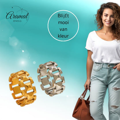 Brede One Size Schakelring van RVS - Goudkleurig of Zilver (9 mm) - Aramat Jewels - Ringen - cadeautip