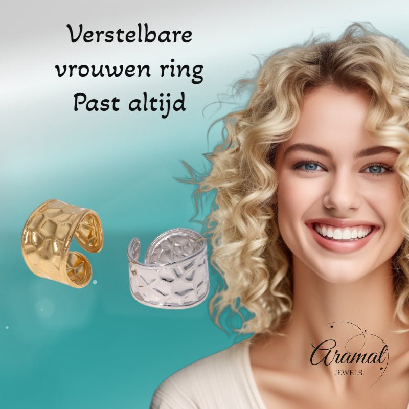 Brede Verstelbare Damesring met Geometrisch Design - 15mm RVS - Aramat Jewels - Ringen - cadeautip