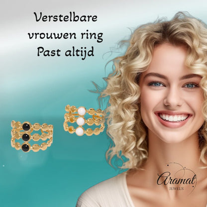 Brede Verstelbare Ring met 3 Emaille Cirkels - Goudkleurig RVS - Aramat Jewels - Ringen - cadeautip