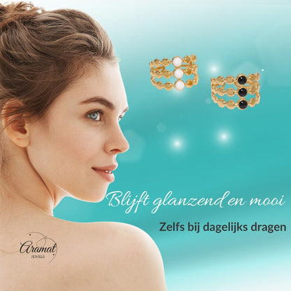 Brede Verstelbare Ring met 3 Emaille Cirkels - Goudkleurig RVS - Aramat Jewels - Ringen - cadeautip