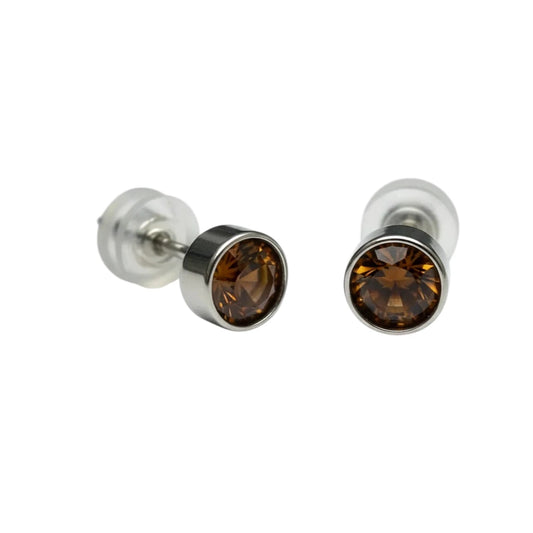 Stud Earrings – Steel Crystal Brown Silver Color (5mm) 