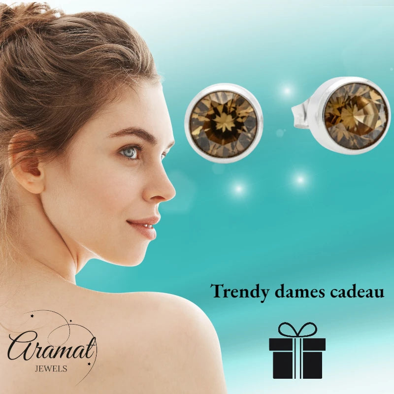 Stud Earrings – Steel Crystal Brown Silver Color (8mm) 