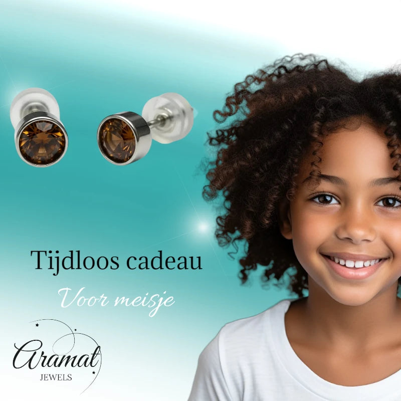 Boucles d'oreilles puces – Acier et cristal, couleur argent brun (5 mm) 