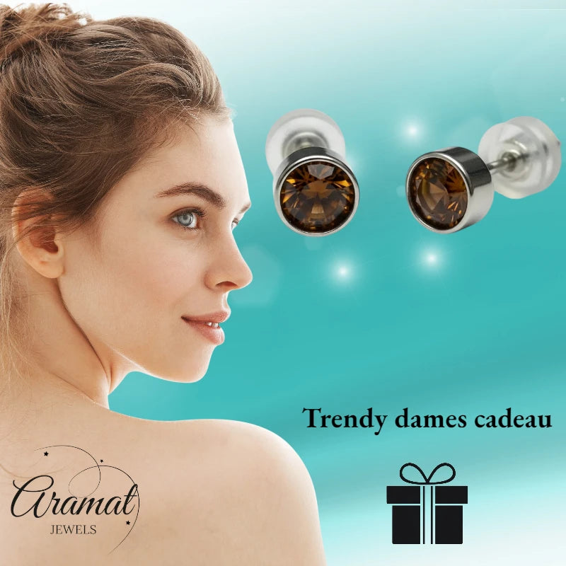 Boucles d'oreilles puces – Acier et cristal, couleur argent brun (5 mm) 
