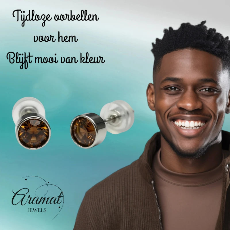 Boucles d'oreilles puces – Acier et cristal, couleur argent brun (5 mm) 