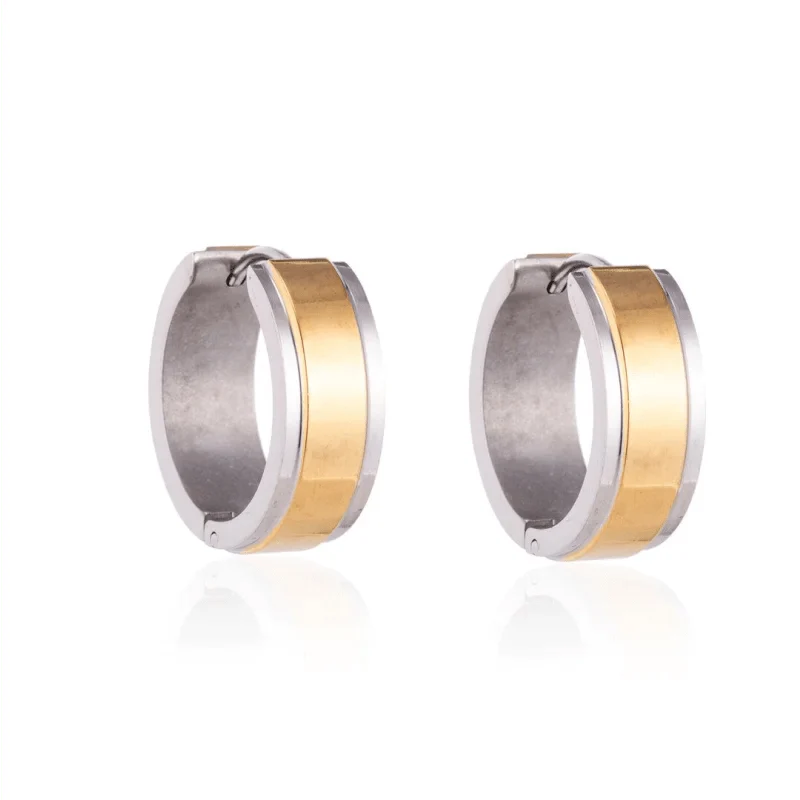 Stainless Steel Bicolor Huggie Hoop Earrings Wide Stripe 20mm - Gold Silver Unisex