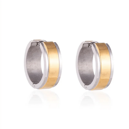 Stainless Steel Bicolor Huggie Hoop Earrings Wide Stripe 20mm - Gold Silver Unisex