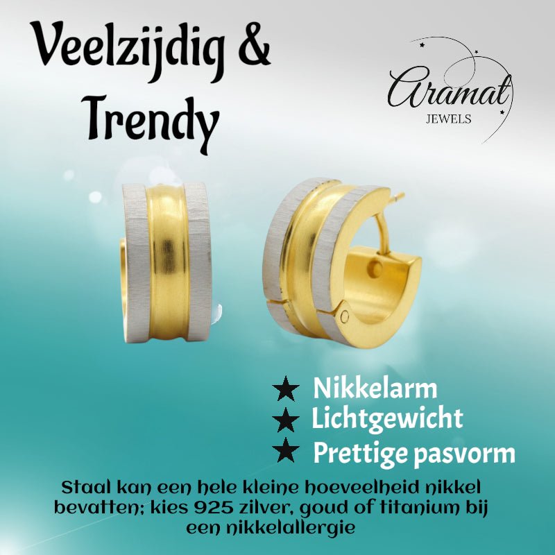 Creolen – Bicolor RVS Mat Zilver/Goud (13x4mm) - Aramat Jewels - Oorringen - cadeautip