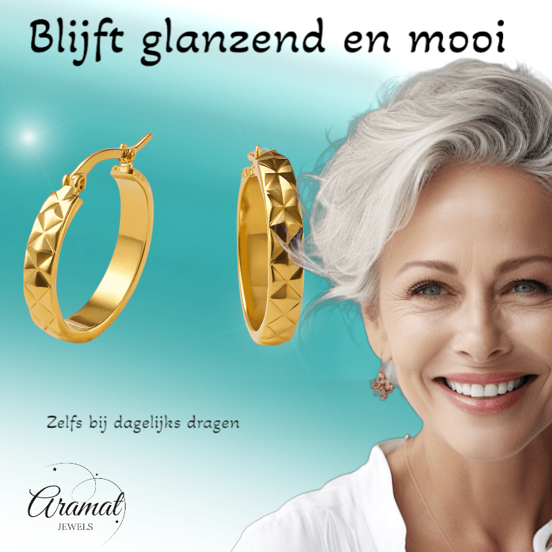 Creolen Ruitjes Goudkleur Staal – 25mm - Aramat Jewels - Oorringen - cadeautip