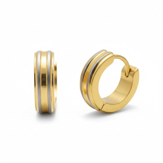 Creolen – RVS Bicolor Mat met Goudkleurige Strepen (13mm) - Aramat Jewels - Oorringen - cadeautip