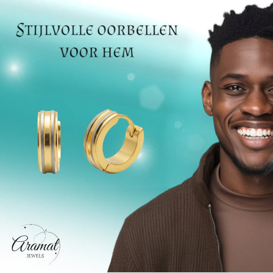 Creolen – RVS Bicolor Mat met Goudkleurige Strepen (13mm) - Aramat Jewels - Oorringen - cadeautip