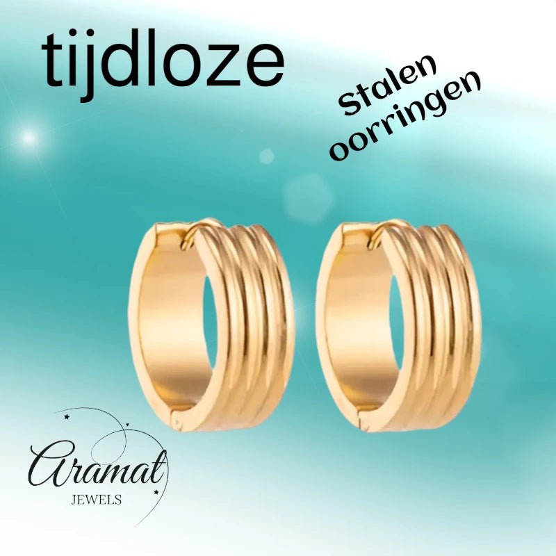 Creolen – RVS Goudkleur met Drievoudige Strepen (13mm of 20mm) - Aramat Jewels - Oorringen - cadeautip
