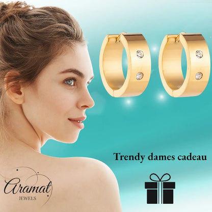 Creolen – RVS Goudkleur met Dubbele Zirkonia (13mm of 20mm) - Aramat Jewels - Oorringen - cadeautip