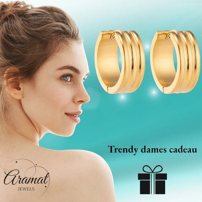 Creolen – RVS Goudkleur met Twee Strepen (13mm of 20mm) - Aramat Jewels - Oorringen - cadeautip