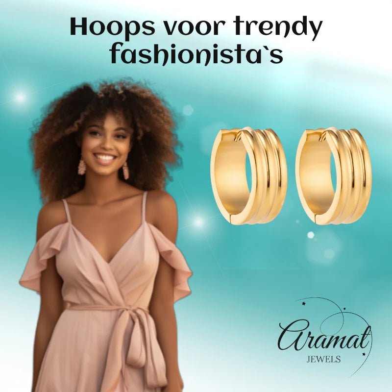 Creolen – RVS Goudkleur met Twee Strepen (13mm of 20mm) - Aramat Jewels - Oorringen - cadeautip