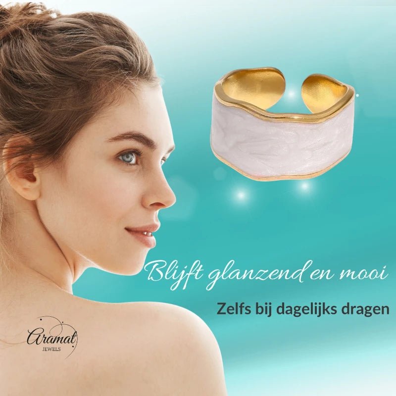 Damesring Verstelbaar – Open Ring met Witte Parelmoer Inlay – One Size - Aramat Jewels - Ringen - cadeautip