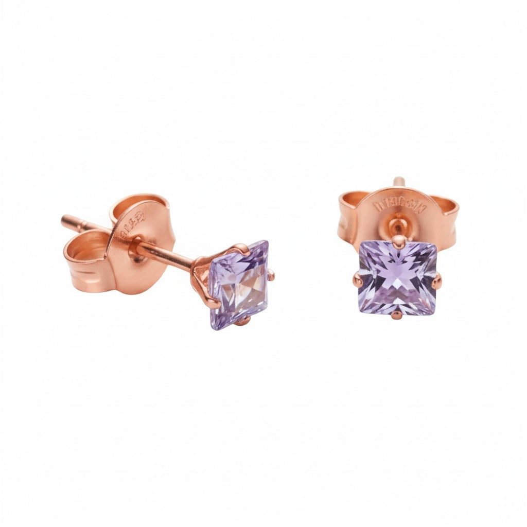 Earrings – Stainless Steel Rose Gold Color with Lilac Square Zirconia (3mm) 