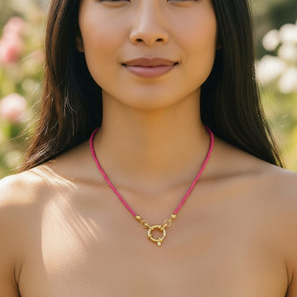 Bright Pink Seed Beads Charm Necklace