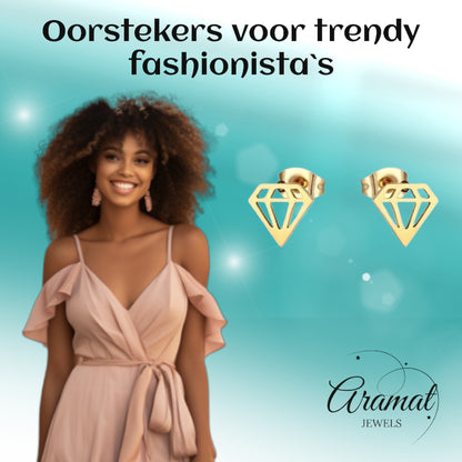 Boucles d'oreilles – Acier en forme de diamant, cristal couleur or (9 mm) 