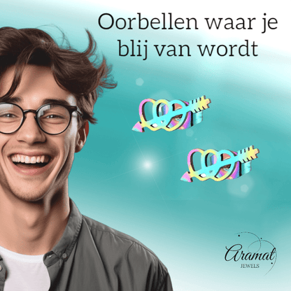 Dubbele regenboog hartjes oorstekers – 10x5mm RVS - Aramat Jewels - Oorbellen - cadeautip