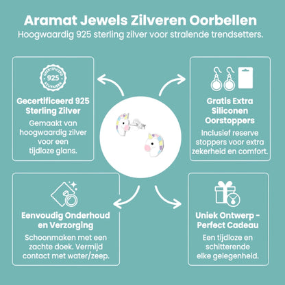 Echt Zilveren Unicorn Oorbellen - Wit & Pastelkleuren - Aramat Jewels - Oorbellen - cadeautip