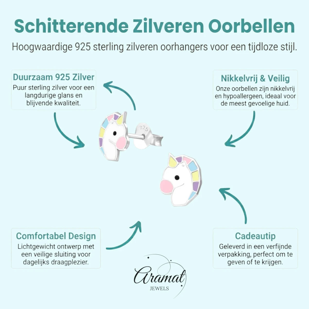 Echt Zilveren Unicorn Oorbellen - Wit & Pastelkleuren - Aramat Jewels - Oorbellen - cadeautip