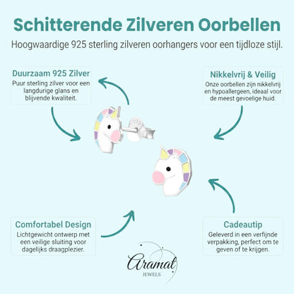 Echt Zilveren Unicorn Oorbellen - Wit & Pastelkleuren - Aramat Jewels - Oorbellen - cadeautip