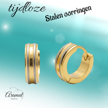 Hoop Earrings – Stainless Steel Bicolor Matte with Gold-Colored Stripes (13mm) 