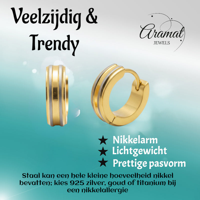 Hoop Earrings – Stainless Steel Bicolor Matte with Gold-Colored Stripes (13mm) 