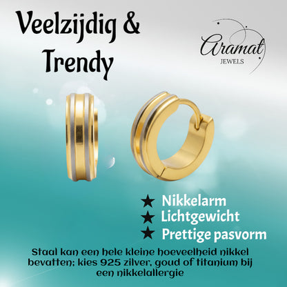 Hoop Earrings – Stainless Steel Bicolor Matte with Gold-Colored Stripes (13mm) 