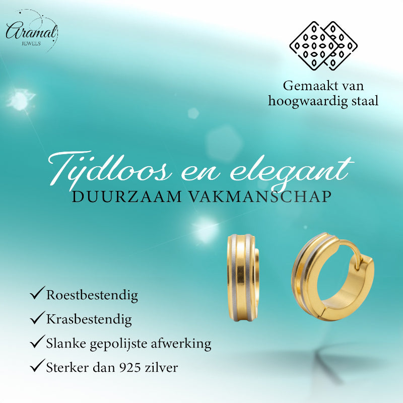 Hoop Earrings – Stainless Steel Bicolor Matte with Gold-Colored Stripes (13mm) 