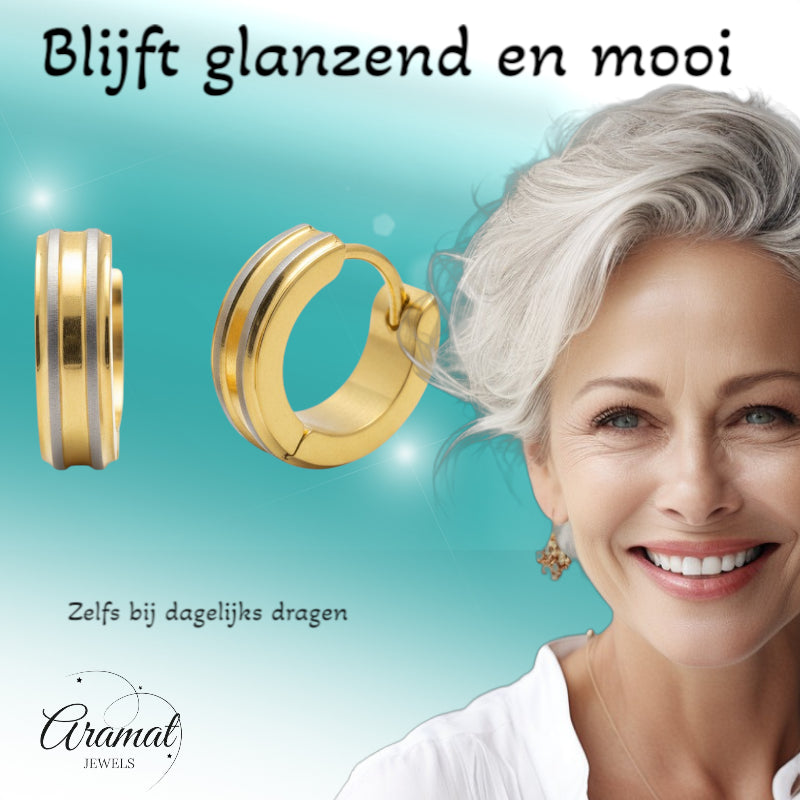 Hoop Earrings – Stainless Steel Bicolor Matte with Gold-Colored Stripes (13mm) 