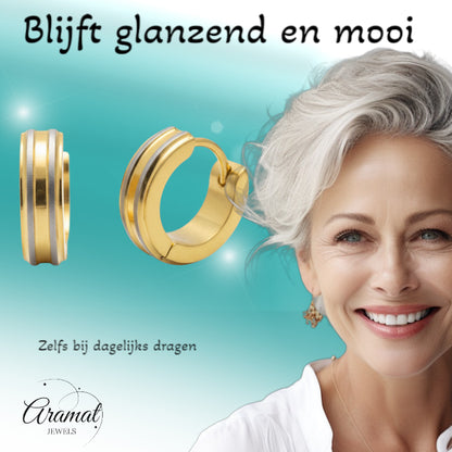 Hoop Earrings – Stainless Steel Bicolor Matte with Gold-Colored Stripes (13mm) 