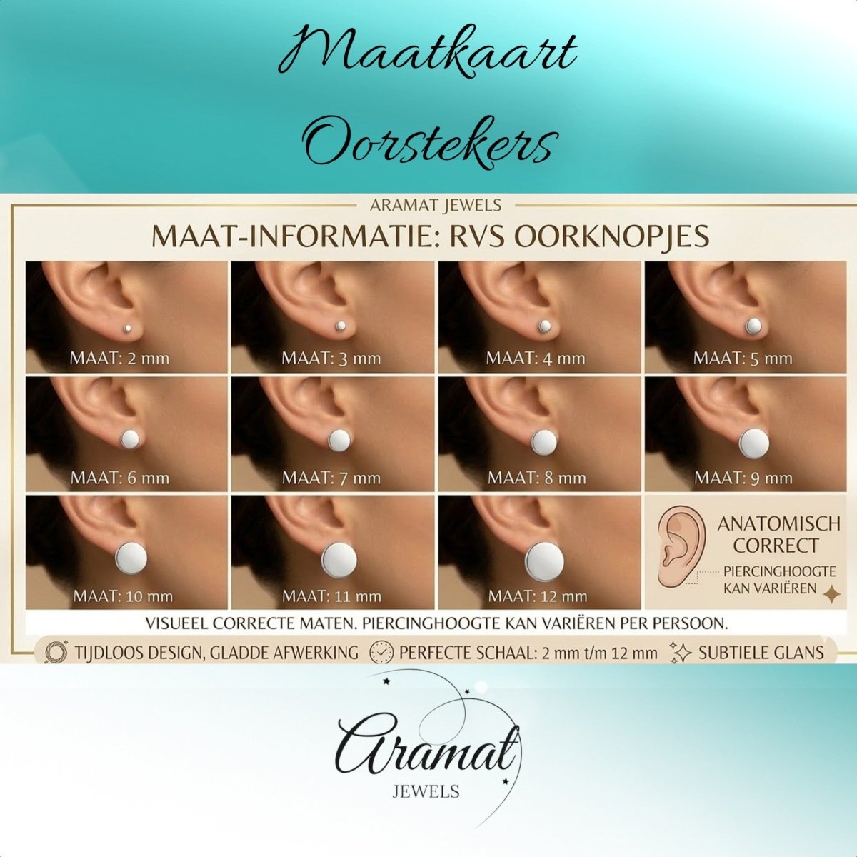 Aramat Jewels size chart for stud earrings, showing various sizes from 2mm to 12mm on ears.