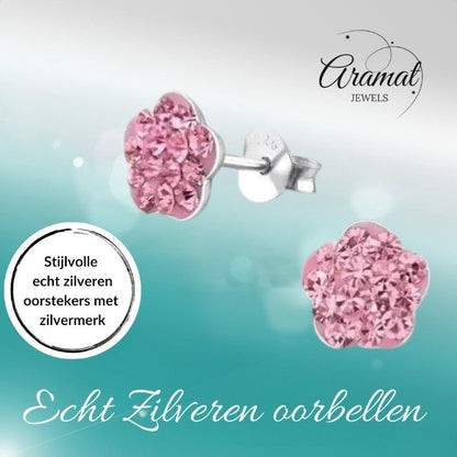 Elegante Zilveren Bloem Oorbellen - oor334 - 5001 - Oorbellen kopen# - Roze - 8mm - 925 Zilver