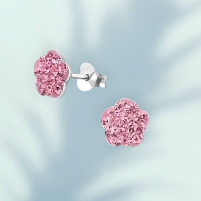 Aramat Jewels silver flower stud earrings with pink crystals, 8mm, hypoallergenic and nickel-free.