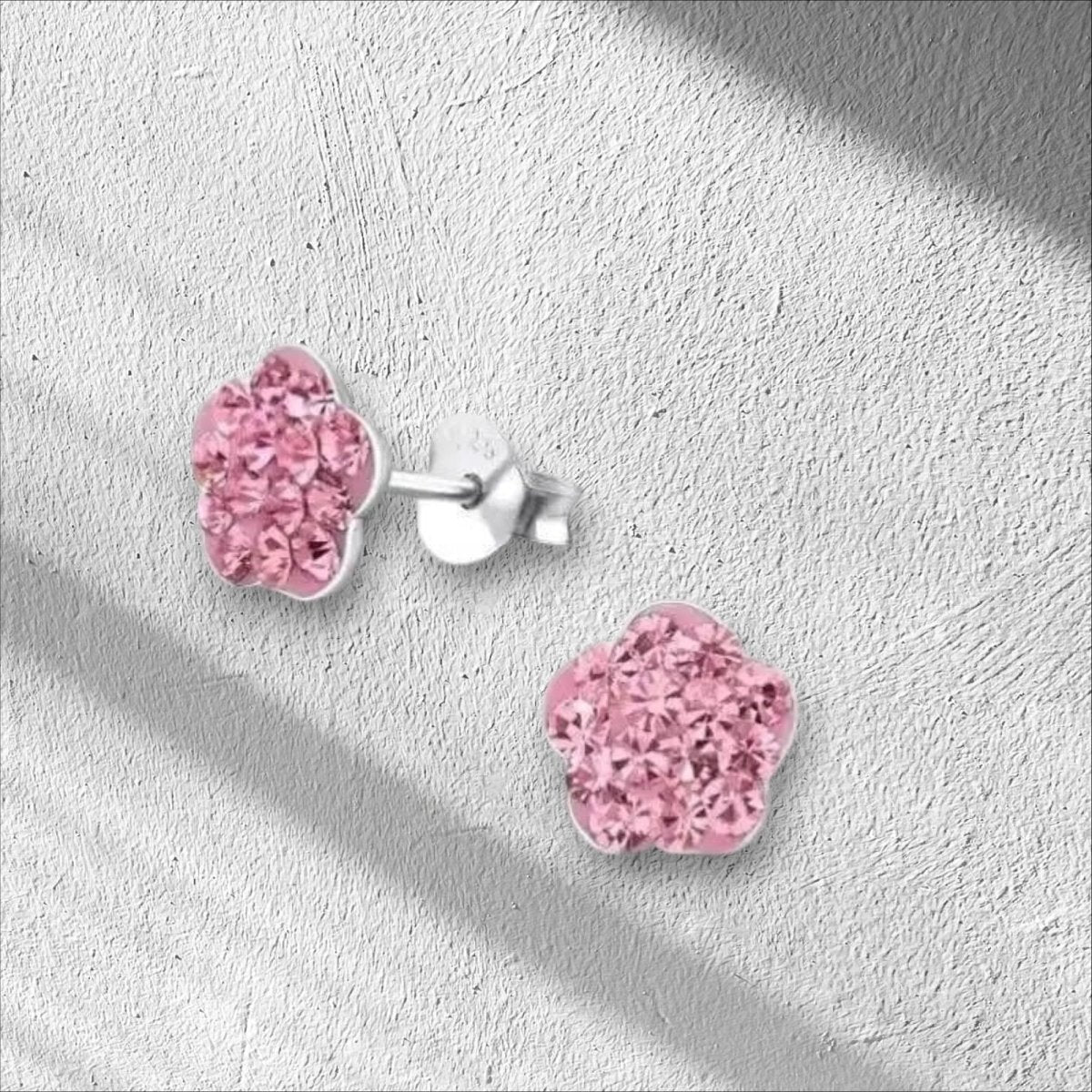 Aramat Jewels silver flower stud earrings with pink crystals, 8mm, hypoallergenic and nickel-free.