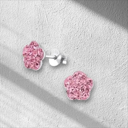Aramat Jewels silver flower stud earrings with pink crystals, 8mm, hypoallergenic and nickel-free.