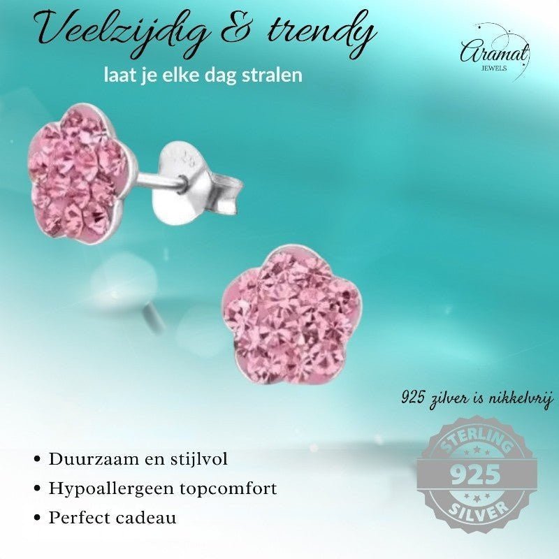 Elegante Zilveren Bloem Oorbellen - oor334 - 5001 - Oorbellen kopen# - Roze - 8mm - 925 Zilver